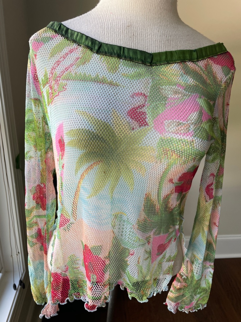Lightweight Tropical Mesh Swim Coverup - Green / Pink